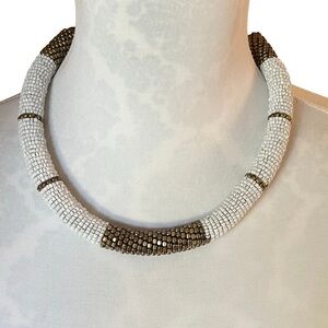 White & Bronze Beaded Statement Collar Necklace